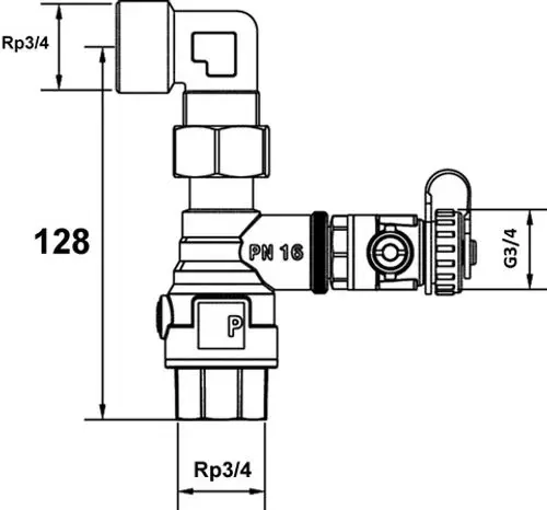 Detailskizze eines Anschlusssets von IMI Hydronic Engineering, das eine Mischung aus Rohr, Winkelelementen und weiteren Komponenten zeigt, geeignet für pneumatische Anwendungen.